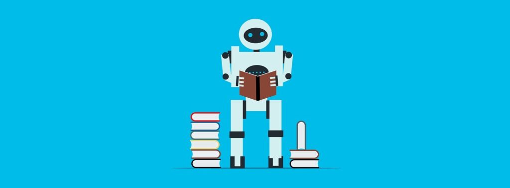 Dibujo de un robot humanoide leyendo libros impresos